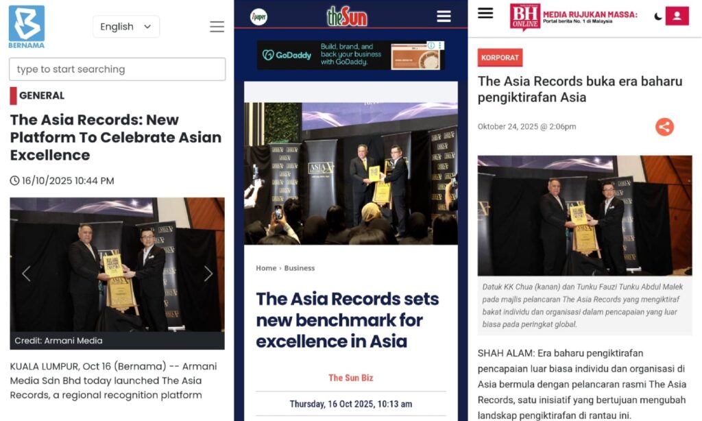 Malaysia News outlets: Bernama, theSun and BH Online covering The Asia Records