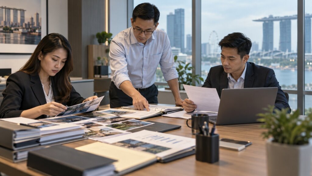 Business team reviewing evidence and measurement records for an Asia Record application.