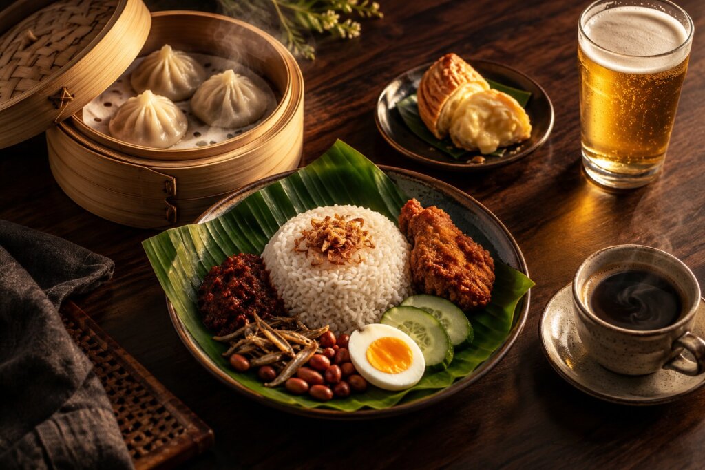 Dumplings, nasi lemak, a durian pastry, beer and coffee on a dark counter, representing food and beverage achievements across Asia.
