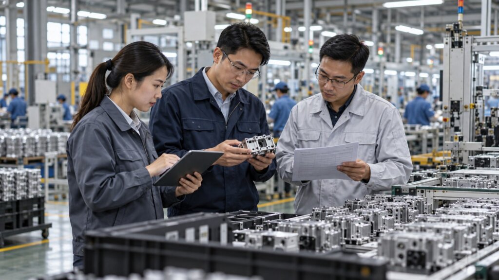 Manufacturing team reviewing production records and finished output inside an Asian factory
