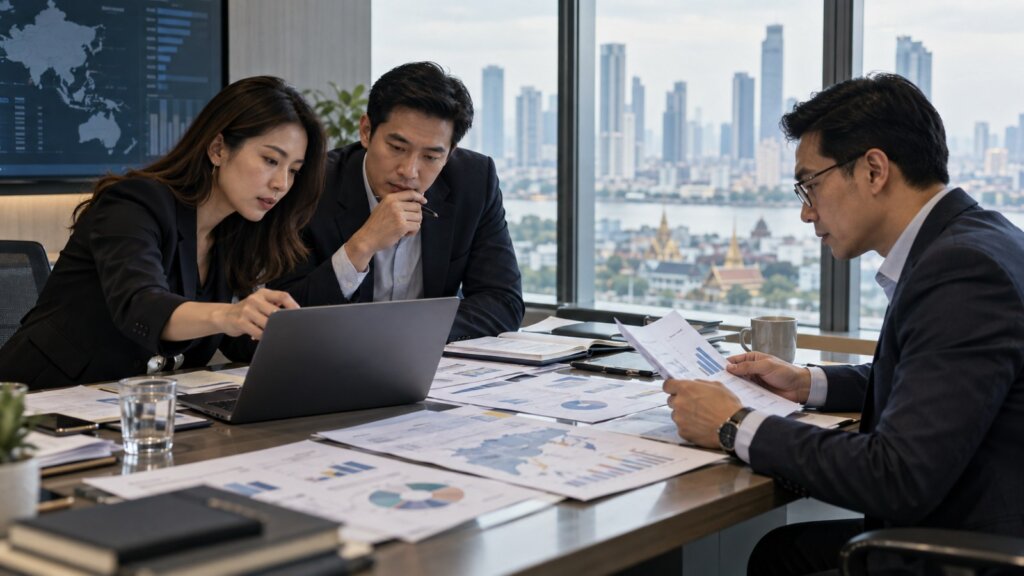 Asian business team reviewing evidence and market comparisons for a measurable corporate achievement.