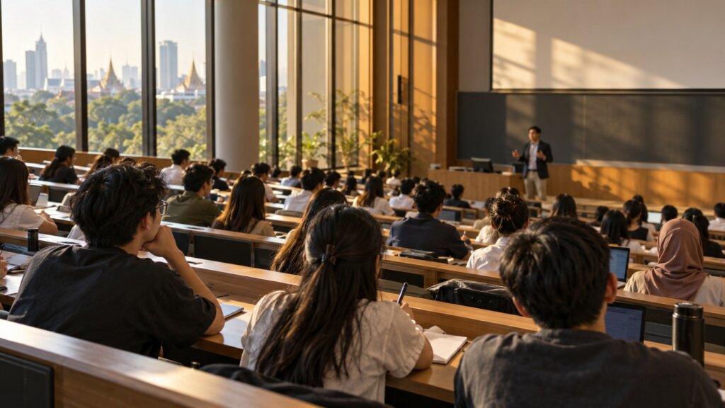 Students attending a lecture in a modern university hall in Asia