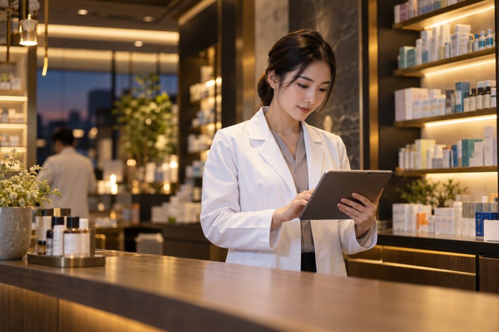Pharmacist reviewing records at a modern community pharmacy counter