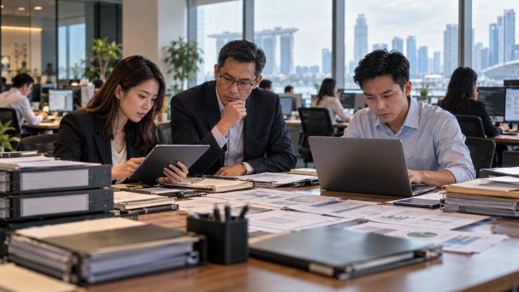 Business team reviewing historical evidence for a completed measurable achievement before an Asia Record application