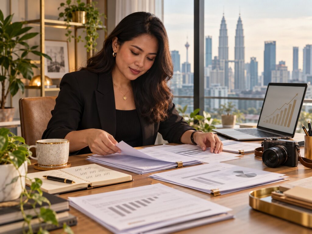 Individual organising dated documents and analytics to prepare evidence for an Asia Record application