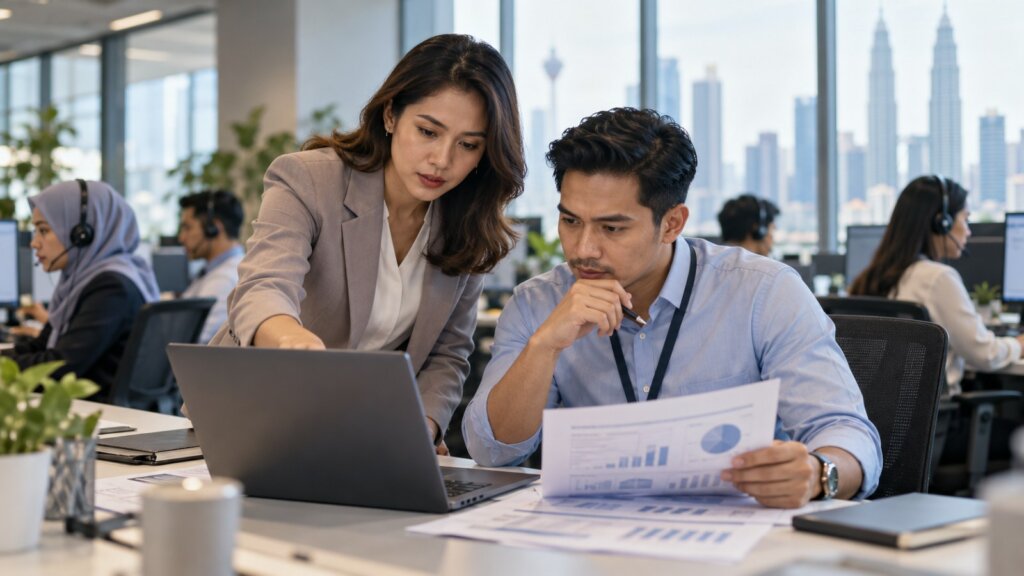 Malaysian customer service managers reviewing support performance records and operational evidence at a modern office.