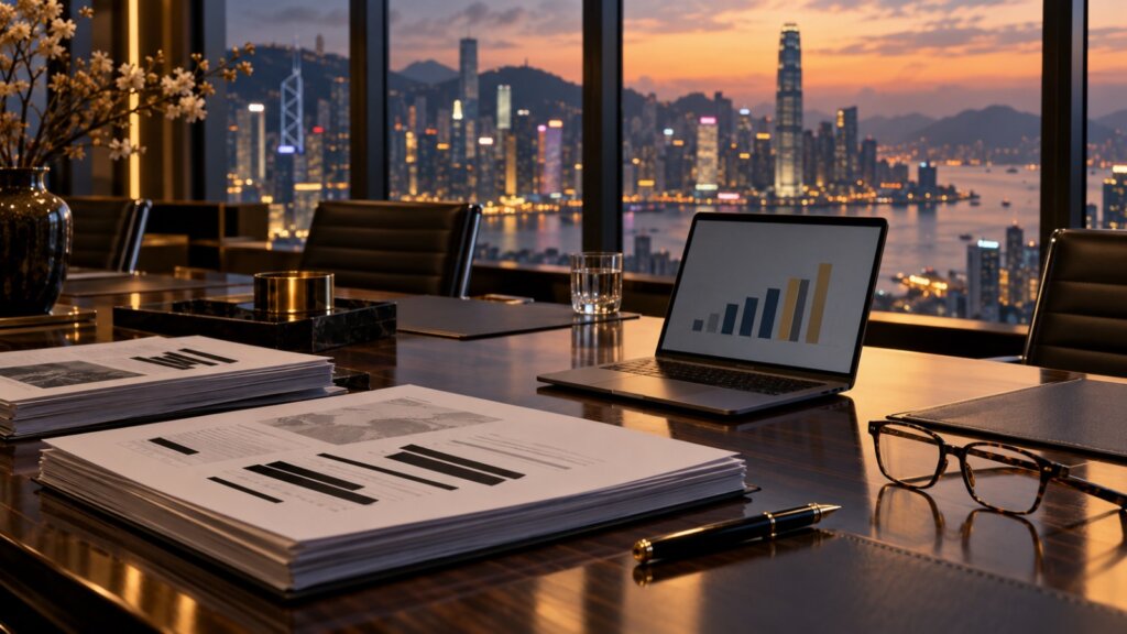 Financial reports with redacted details on a boardroom table overlooking an Asian city skyline, illustrating evidence preparation for a financial services achievement