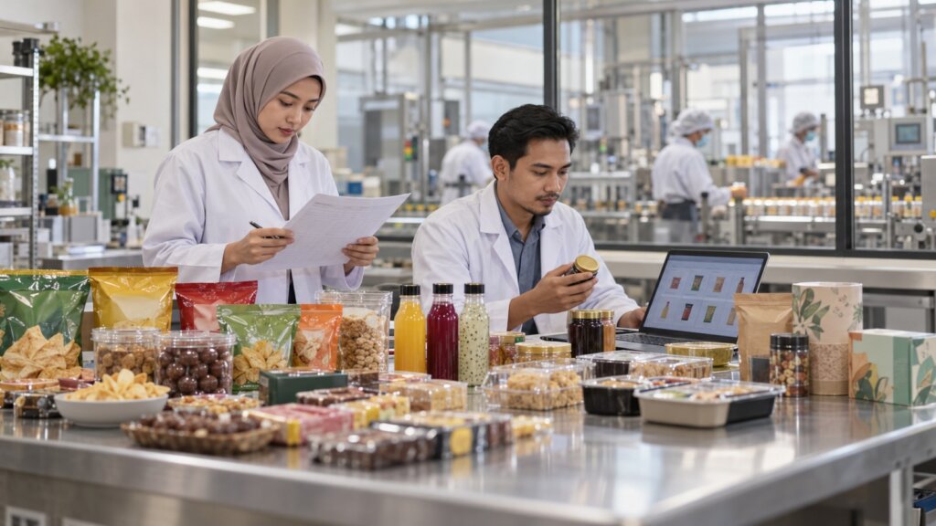 Malaysian product development and quality assurance team reviewing consumer product samples and inventory records to document product variety.