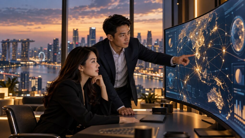 Technology professionals reviewing network data in a modern operations centre overlooking an Asian city skyline