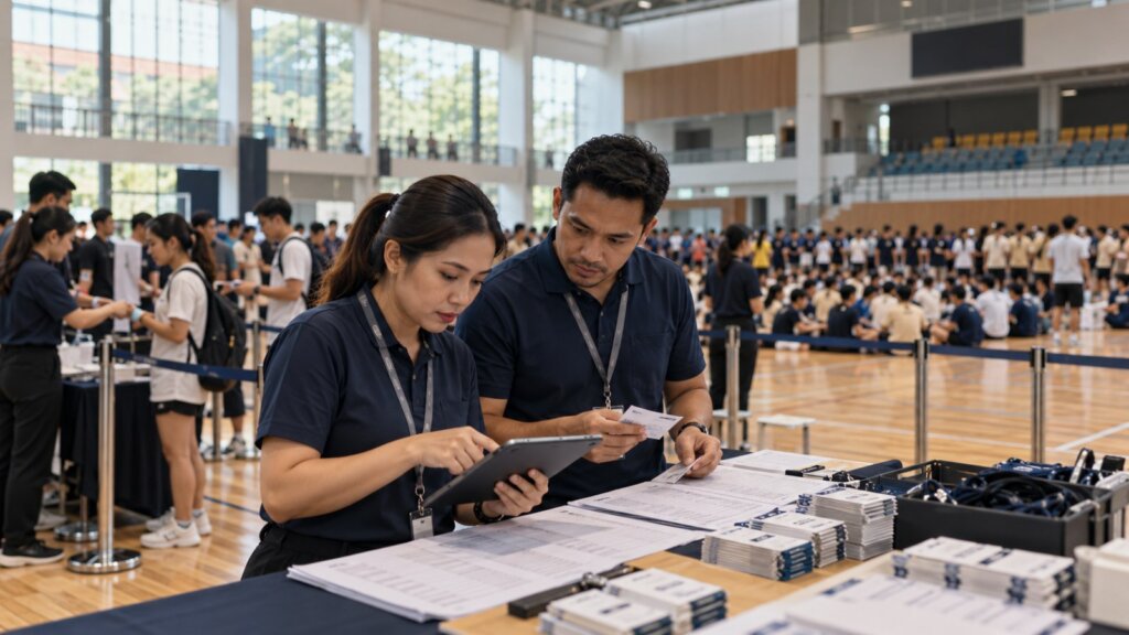 Event coordinators reviewing participant counting records during a mass participation activity in a Southeast Asian sports hall.