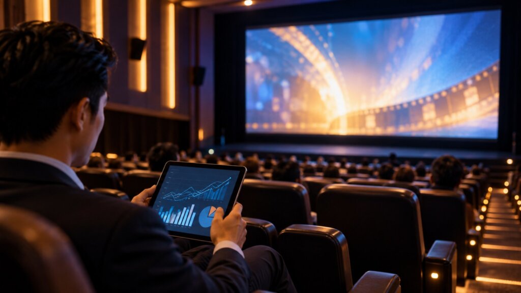Professional reviewing audience analytics on a tablet inside a modern cinema auditorium