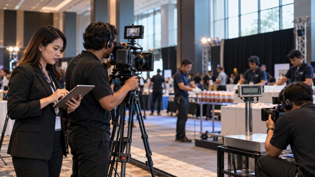 Professional videographer and event manager documenting a measurable achievement with cameras and measurement equipment for an Asia Record application.