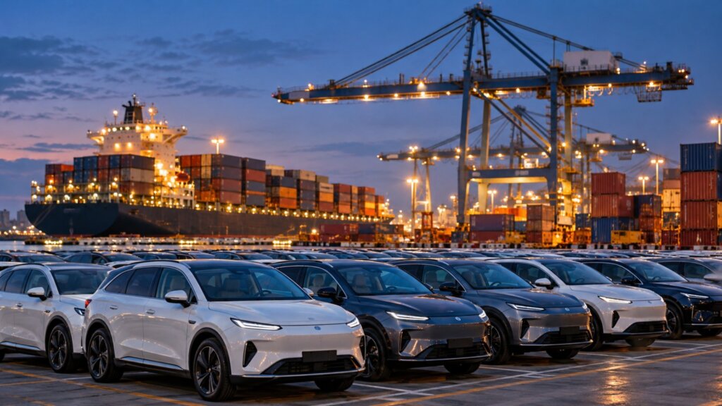 Electric vehicles awaiting shipment at an Asian container port, illustrating automotive and logistics achievements that can be measured for record recognition
