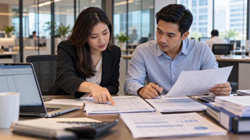 Malaysian finance and operations professionals comparing transaction reports and source documents to reconcile conflicting record evidence.