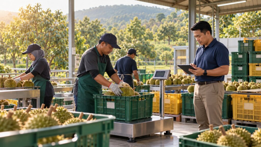 Workers weighing and recording durian harvest crates at an orchard packing shed in Malaysia