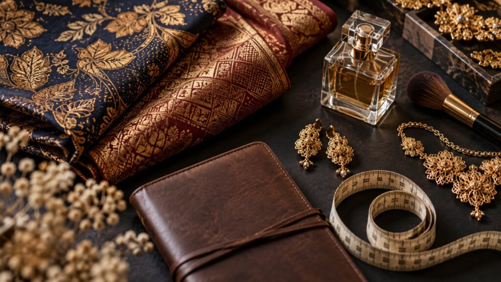 Asian textiles, jewellery, fragrance and makeup tools arranged beside a ledger and measuring tape, representing measurable fashion and beauty achievements.