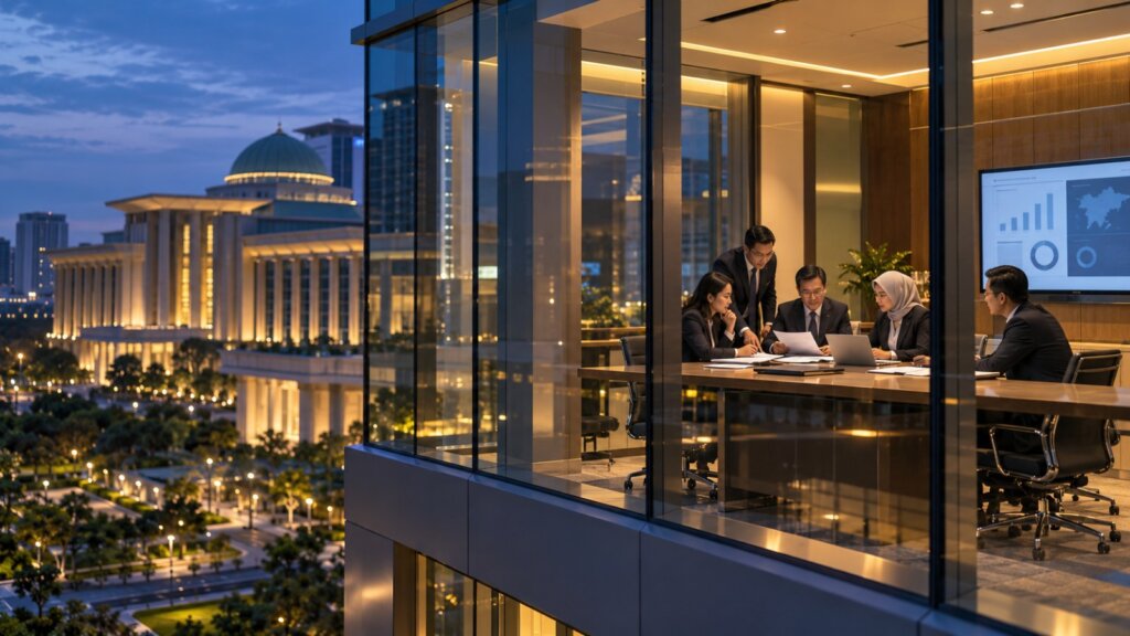 Officials reviewing performance data inside a modern government building in Asia