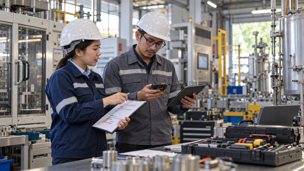 Malaysian operations supervisor and engineer reviewing timing equipment and event records for a measurable business achievement.