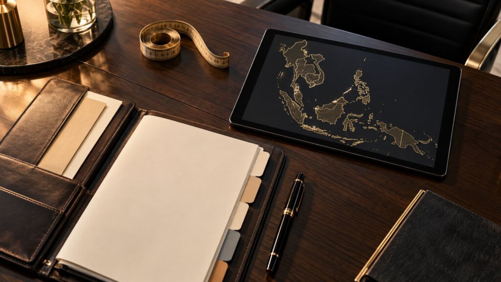 Document folder, measuring tape and a tablet showing a Southeast Asia map, representing evidence preparation for record recognition in ASEAN